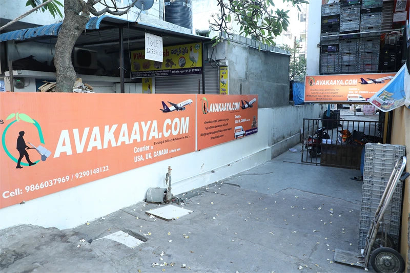Avakaaya.com banners promoting parcel pickup and delivery service with trusted international parcel services to USA, UK, Canada.
