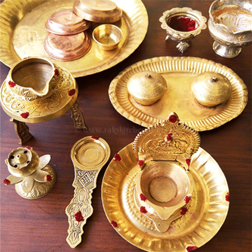 Brass pooja items displayed, delivered safely with reliable door-to-door courier service ensuring secure and timely shipping.