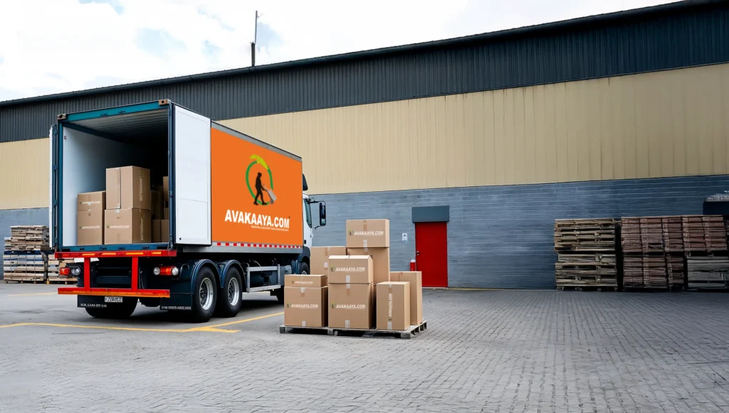 International courier services truck unloading packages at warehouse by Avakaaya, the best logistics company for global shipping.