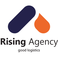 Rising Agency logo with bold shapes in navy and orange, symbolizing innovation and efficient logistics and delivery solutions.