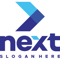 Next logo featuring bold blue arrow and modern typography, representing forward-thinking tech or logistics brand identity.