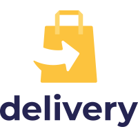 Delivery logo with yellow shopping bag and white arrow, symbolizing fast, efficient parcel and eCommerce delivery services.